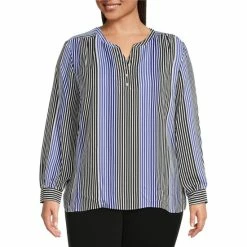 Discount 🤩 Investments Plus Size Tonal Blocked Stripe Woven Long Sleeve Y-Neck Top 😀