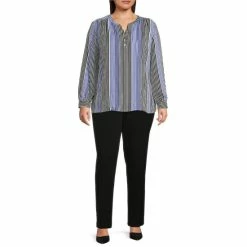 Discount 🤩 Investments Plus Size Tonal Blocked Stripe Woven Long Sleeve Y-Neck Top 😀 -Investments Shop unnamed file 1602