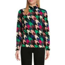 Coupon 👏 Investments Knit Exploded Houndstooth Print Mock Neck Long Sleeve Top ⭐