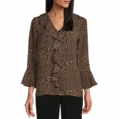 Wholesale 😉 Investments Petite Size Riley Patched Geo Print Woven Cascading Ruffle V-Neck 3/4 Sleeve Top 😀