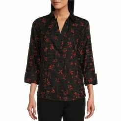 Outlet 🎁 Investments Petite Size Taylor Gold Label Non-Iron Point Collar 3/4 Sleeve Poppy Floral Print Button Front 👚 Shirt 🎉