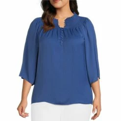 Brand new ❤️ Investments Investment Plus Size Woven 3/4 Sleeve Smocked Crew Neck Partial Button Front Top Earth Red 🛒 -Investments Shop unnamed file 1628