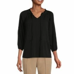 Flash Sale 🎉 Investments Petite Size Knit Pleated Tie V-Neck 3/4 Sleeve Top True Navy 😍 -Investments Shop unnamed file 1634