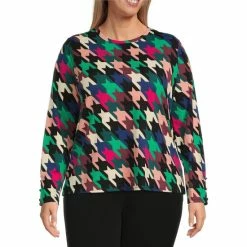 Promo 🤩 Investments Plus Size Exploded Houndstooth Print Knit Crew Neck Button Sleeve Top 😉