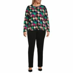 Promo 🤩 Investments Plus Size Exploded Houndstooth Print Knit Crew Neck Button Sleeve Top 😉 -Investments Shop unnamed file 1642