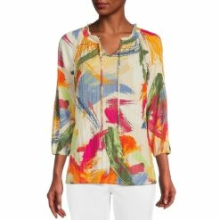 Best Pirce 🎁 Investments Multi Brush Knit Pleated Tie Split V-Neck 3/4 Sleeve Top 🛒