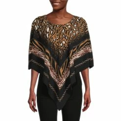 Outlet ⌛ Slim Factor By Investments Animal Print Round Neck 3/4 Sleeve Poncho Animal Link ❤️