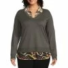 Outlet 👏 Investments Plus Size Long Sleeve V-Neck Two-Fer Top Chicory Coffee ❤️