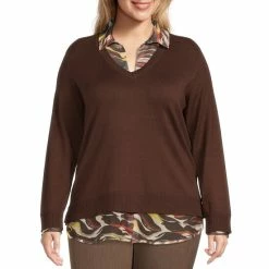 Outlet 👏 Investments Plus Size Long Sleeve V-Neck Two-Fer Top Chicory Coffee ❤️ -Investments Shop unnamed file 1670