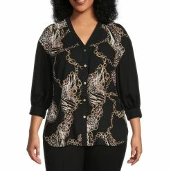 Top 10 ✨ Slim Factor By Investments Plus Size Chain Print V-Neck 3/4 Sleeve Button Front Blouse Scattered Chains 🎉