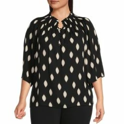 Wholesale 😉 Investments Plus Size Woven 3/4 Sleeve Smocked Crew Neck Partial Button Front Diamond Print Top Black Diamond 🔥
