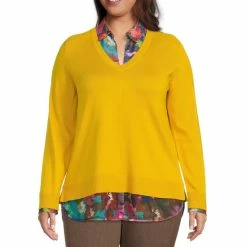Outlet 🎉 Investments Plus Size Long Sleeve Printed V-Neck Two-Fer Top Hot Spot 🌟
