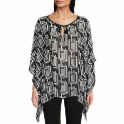 Best deal 🎉 Slim Factor By Investments 3/4 Sleeve Woven Round Keyhole Neck Tie Top Black White Geo 🌟