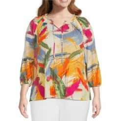 Wholesale 🎁 Investments Plus Size Printed Brush Knit Pleated Tie V-Neck 3/4 Sleeve Top Multi Brush ✨