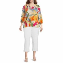 Wholesale 🎁 Investments Plus Size Printed Brush Knit Pleated Tie V-Neck 3/4 Sleeve Top Multi Brush ✨ -Investments Shop unnamed file 1712