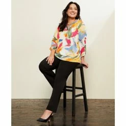 Wholesale 🎁 Investments Plus Size Printed Brush Knit Pleated Tie V-Neck 3/4 Sleeve Top Multi Brush ✨ -Investments Shop unnamed file 1714
