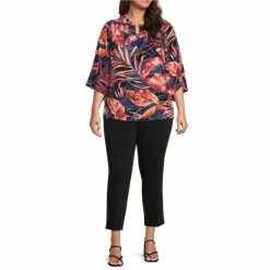 Coupon 🎉 Investments Plus Size Printed Woven 3/4 Sleeve Smocked Crew Neck Partial Button Front Top Tropic Palms 🔔 -Investments Shop unnamed file 1717