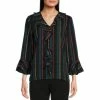 Coupon 🤩 Investments Riley Tally Stripe Print Woven Cascading Ruffle V-Neck 3/4 Sleeve Top 🔥