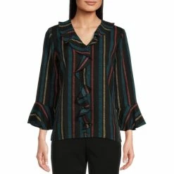 Coupon 🤩 Investments Riley Tally Stripe Print Woven Cascading Ruffle V-Neck 3/4 Sleeve Top 🔥