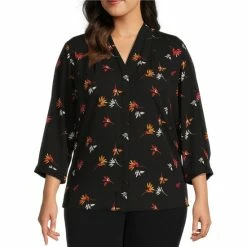 Brand new ✨ Investments Plus Size Caroline Signature V-Neck 3/4 Sleeve Floating Spring Print Button Front Top Floating Springs 🎉