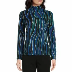 Best reviews of ⭐ Investments Petite Size Knit Electric Zebra Print Mock Neck Long Button Sleeve Top 🎉