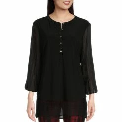 Top 10 😀 Slim Factor By Investments 3/4 Pleated Chiffon Sleeve Crew Neck Button Front Blouse Black ✨