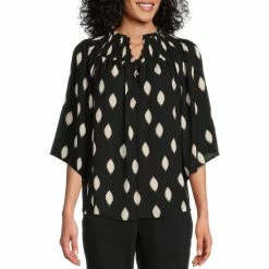 Best deal 👏 Investments 3/4 Sleeve Smocked Ruffle Crew Neck Diamond Print Partial Button Front Top Black Diamond 🌟
