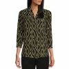 Cheapest 🎉 Investments Petite Size Caroline Signature Diamond Geo Print V-Neck 3/4 Sleeve Button Front Top ⌛