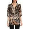 Best Sale 👏 Slim Factor By Investments Animal Print 3/4 Puff Sleeve Chain Lace-Up V-Neck Blouse Animal Collage ❤️