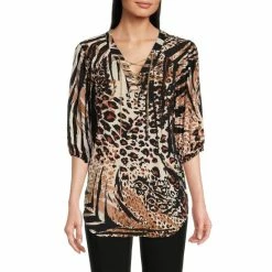 Best Sale 👏 Slim Factor By Investments Animal Print 3/4 Puff Sleeve Chain Lace-Up V-Neck Blouse Animal Collage ❤️