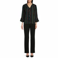 Brand new ❤️ Investments Petite Size Riley Tally Stripe Print Woven Cascading Ruffle V-Neck 3/4 Sleeve Top 😀 -Investments Shop unnamed file 1766