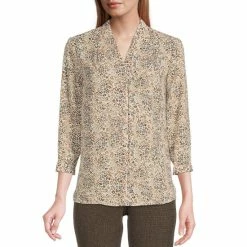 New 💯 Investments Caroline Signature V-Neck 3/4 Sleeve Serene Leopard Print Button Front Top ❤️