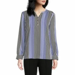 Wholesale 🎉 Investments Petite Size Stripe Print Long Sleeve Y-Neck Woven Top Tonal Blocked Stripe 👍