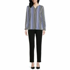 Wholesale 🎉 Investments Petite Size Stripe Print Long Sleeve Y-Neck Woven Top Tonal Blocked Stripe 👍 -Investments Shop unnamed file 1775