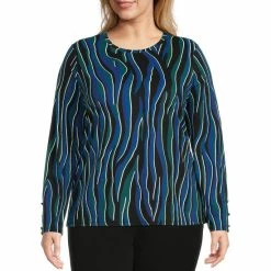 Best Sale 🔔 Investments Plus Size Knit Electric Zebra Print Crew Neck Long Button Sleeve Top 👏