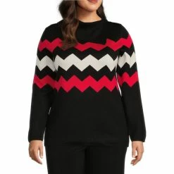 Outlet ⭐ Investments Plus Size Striped Chevron Print Long Sleeve Envelope Neck Sweater Black Stripe 😍