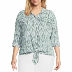 Promo 🥰 Investments Plus Size Kelly Point Collar Long Roll-Tab Sleeve Button Tie Front Ikat Print Top Timeless Ikat ⭐