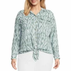 Promo 🥰 Investments Plus Size Kelly Point Collar Long Roll-Tab Sleeve Button Tie Front Ikat Print Top Timeless Ikat ⭐ -Investments Shop unnamed file 1788