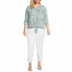 Promo 🥰 Investments Plus Size Kelly Point Collar Long Roll-Tab Sleeve Button Tie Front Ikat Print Top Timeless Ikat ⭐ -Investments Shop unnamed file 1790