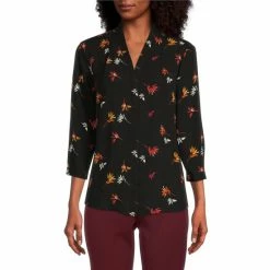 New 😉 Investments Petite Size Caroline Signature V-Neck 3/4 Sleeve Floating Spring Print Button Front Top 👏