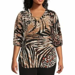 Brand new ✨ Slim Factor By Investments Plus Size Animal Print Chain Lace-Up V-Neck 3/4 Puff Sleeve Blouse Animal Collage ✨