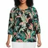 Buy 🔥 Investments Plus Size Watercolor Palm Knit Pleated Tie Split V-Neck 3/4 Sleeve Top 🌟
