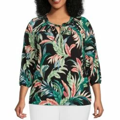 Buy 🔥 Investments Plus Size Watercolor Palm Knit Pleated Tie Split V-Neck 3/4 Sleeve Top 🌟
