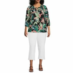 Buy 🔥 Investments Plus Size Watercolor Palm Knit Pleated Tie Split V-Neck 3/4 Sleeve Top 🌟 -Investments Shop unnamed file 1802