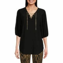 Hot Sale 🥰 Slim Factor By Investments 3/4 Puff Sleeve Chain Lace-Up V-Neck Blouse Black ⭐