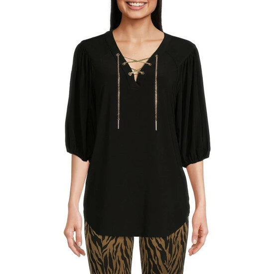 Hot Sale 🥰 Slim Factor By Investments 3/4 Puff Sleeve Chain Lace-Up V-Neck Blouse Black ⭐ 1 Hot Sale 🥰 Slim Factor By Investments 3/4 Puff Sleeve Chain Lace-Up V-Neck Blouse Black ⭐