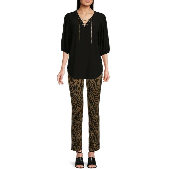 Hot Sale 🥰 Slim Factor By Investments 3/4 Puff Sleeve Chain Lace-Up V-Neck Blouse Black ⭐ 3 Hot Sale 🥰 Slim Factor By Investments 3/4 Puff Sleeve Chain Lace-Up V-Neck Blouse Black ⭐ - Image 3