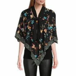 Deals 💯 Slim Factor By Investments Floral Print 3/4 Sleeve V-Neck Tie Layered Poncho Flower Scarf ✨