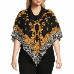 Coupon 🎁 Slim Factor By Investments Plus Size Cowl Neck 3/4 Sleeve Zebra Print Poncho Barque Zebra 🔥