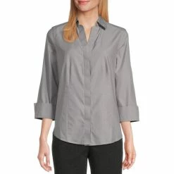Top 10 🤩 Investments Taylor Gold Label Non-Iron Y-Neck 3/4 Flip Cuff Sleeve Button Front 👚 Shirt Silver 💯